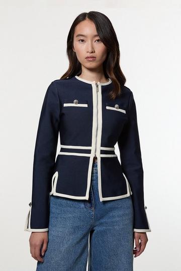 Navy Figure Form Bandage Military Contrast Piping Knit Split Hem Jacket