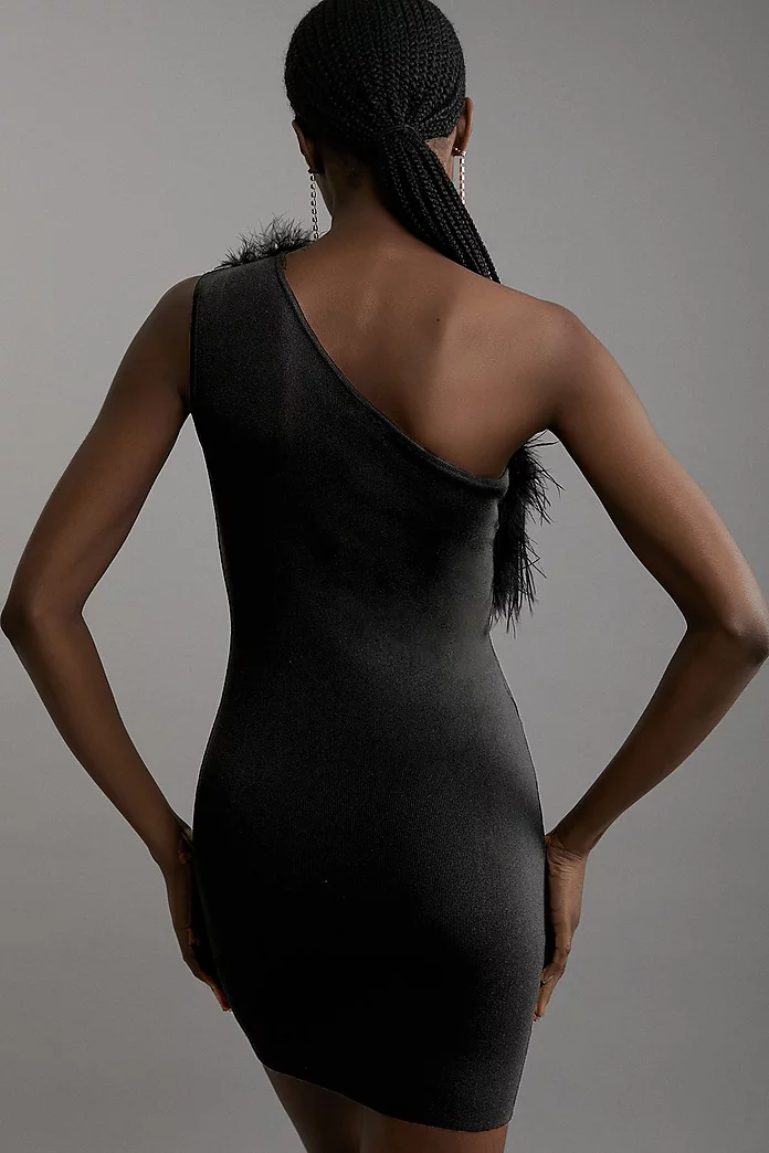 One Shoulder Feather Detail Viscose Blend Knit Mini Dress One Shoulder Feather Detail Viscose Blend Knit Mini Dress