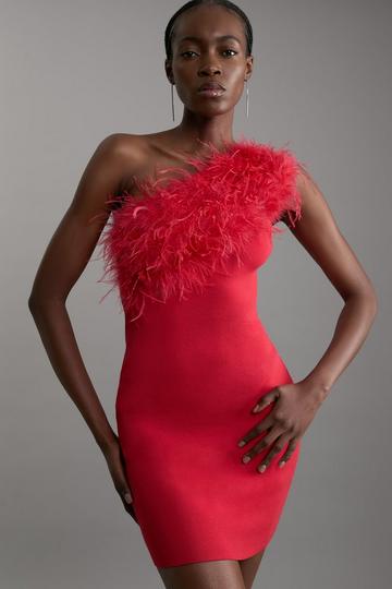 Red One Shoulder Feather Detail Viscose Blend Knit Mini Dress