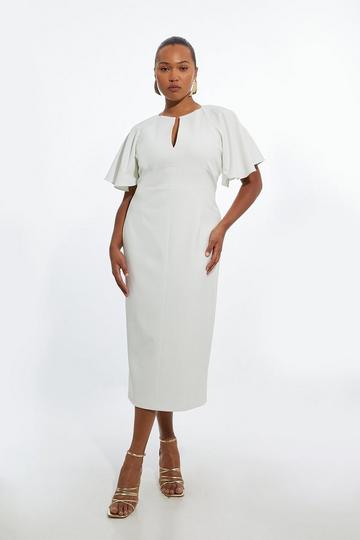 Plus Size Structured Crepe Ruffle Sleeve Tailored Midi Pencil Dress ivory