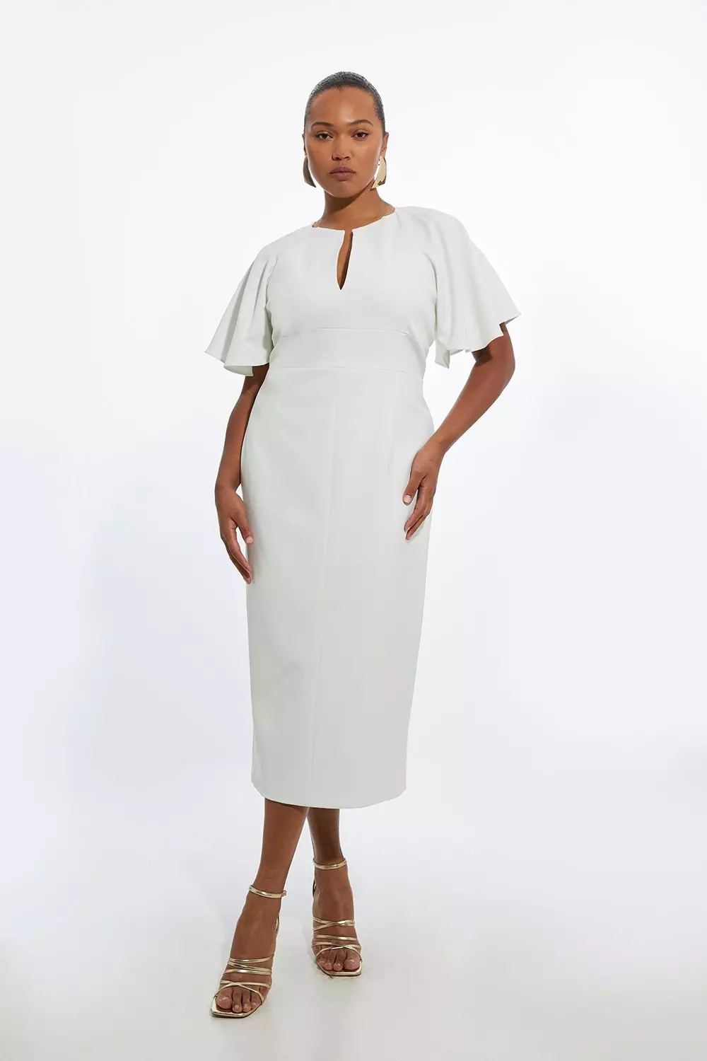 Plus Size Structured Crepe Ruffle Sleeve Tailored Midi Pencil Dress Karen Millen