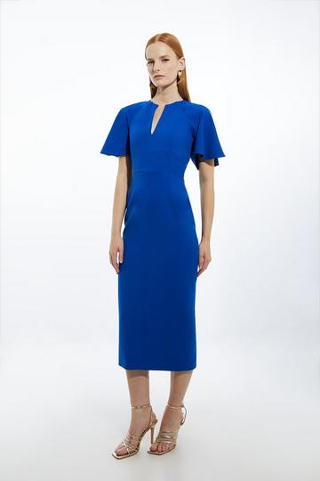 Cobalt Blue Structured Crepe Ruffle Sleeve Tailored Midi Pencil Dress