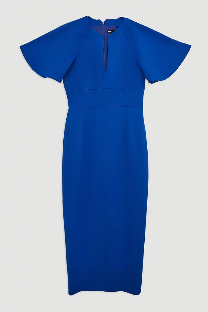Structured Crepe Ruffle Sleeve Tailored Midi Pencil Dress Structured Crepe Ruffle Sleeve Tailored Midi Pencil Dress