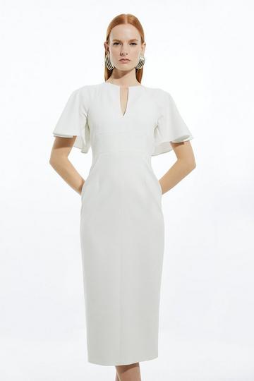 Structured Crepe Ruffle Sleeve Tailored Midi Pencil Dress ivory