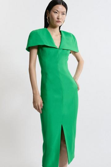 Structured Crepe Cape Sleeve Tailored Midi Pencil Dress green