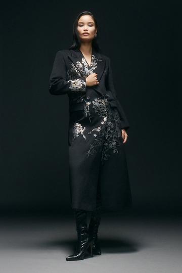 Wool Blend Sequin Embellished Placed Double Breasted Tailored Midiaxi Coat black