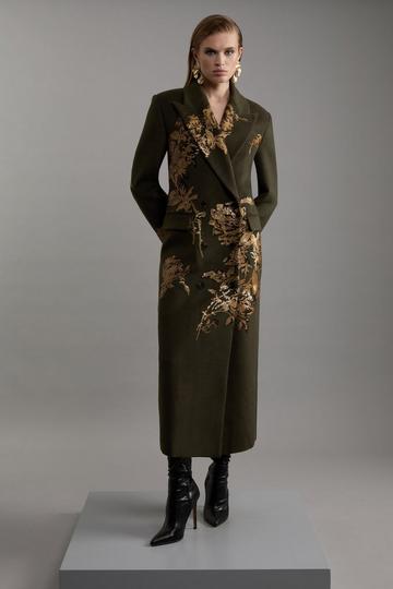 Wool Blend Sequin Embellished Placed Double Breasted Tailored Midiaxi Coat khaki