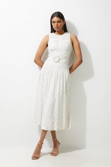 Ivory White Viscose Metallic Thread Beaded Woven Midaxi Dress