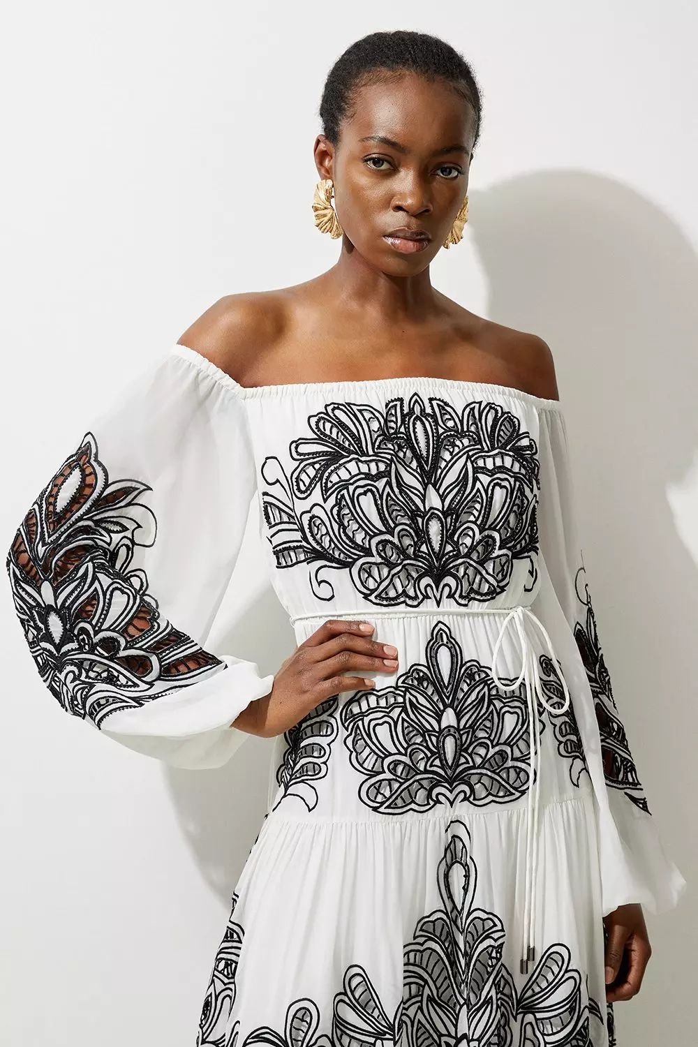 Viscose Georgette Placed Cutwork Bardot Woven Maxi Dress
