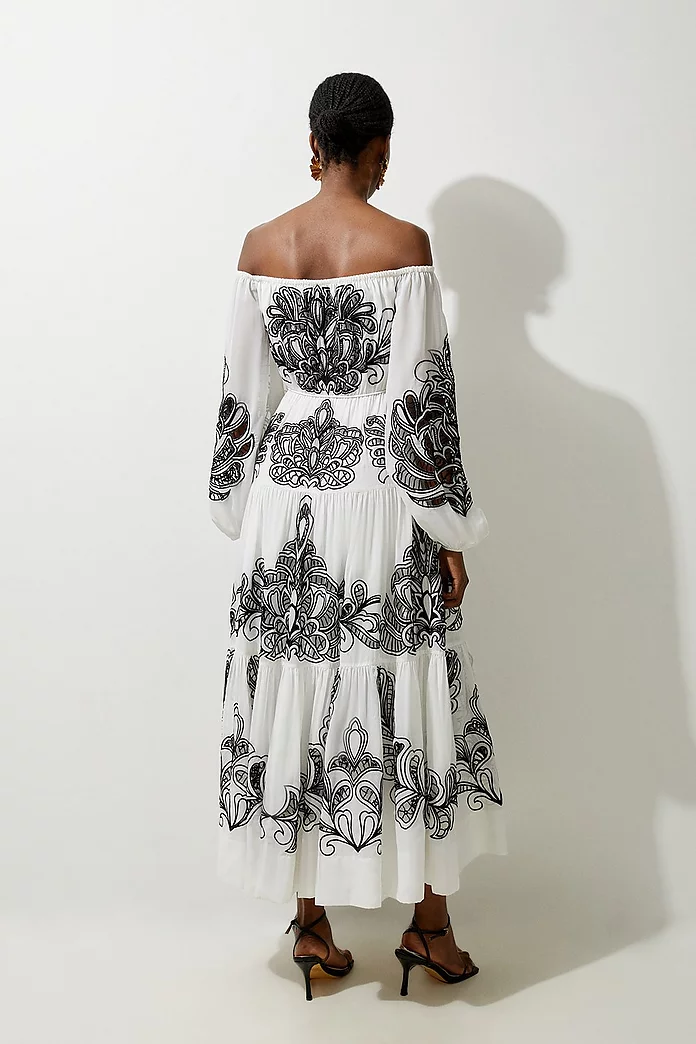 Viscose Georgette Placed Cutwork Bardot Woven Maxi Dress Viscose Georgette Placed Cutwork Bardot Woven Maxi Dress