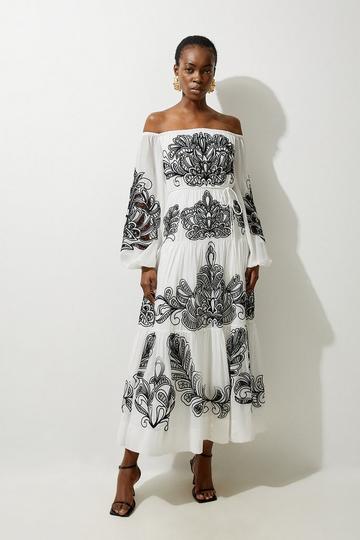 Petite Viscose Georgette Placed Cutwork Off The Shoulder Woven Maxi Dress mono