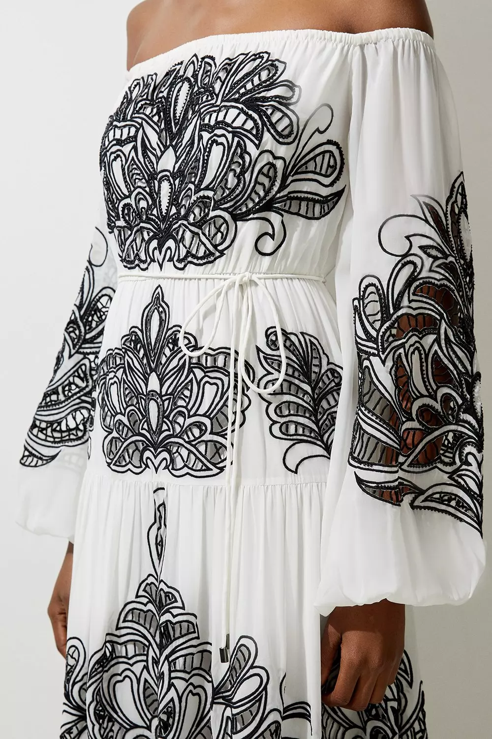 Petite Viscose Georgette Placed Cutwork Off The Shoulder