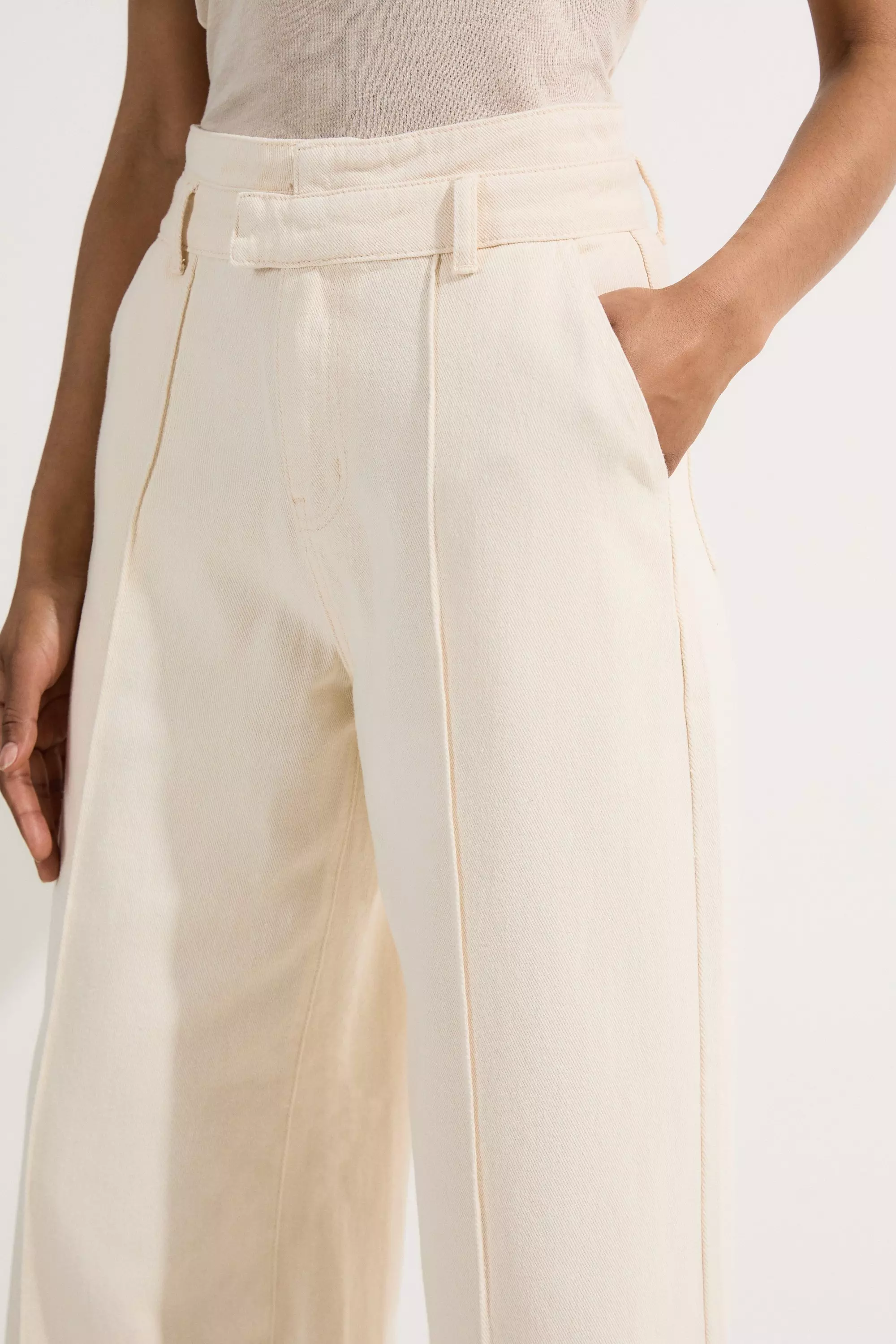 Denim Waistband Detail Wide Leg Pants | Karen Millen