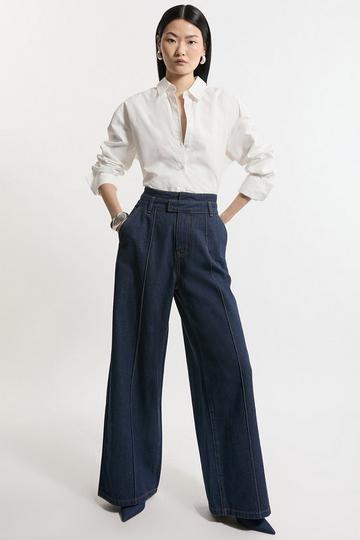 Denim Waistband Detail Wide Leg Trousers indigo