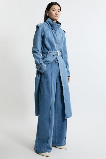 Blue Denim Waistband Detail Wide Leg Trousers