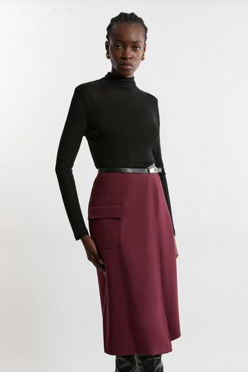 Compact Stretch Tailored Faux Leather Tipped Wrap Midi Skirt fig