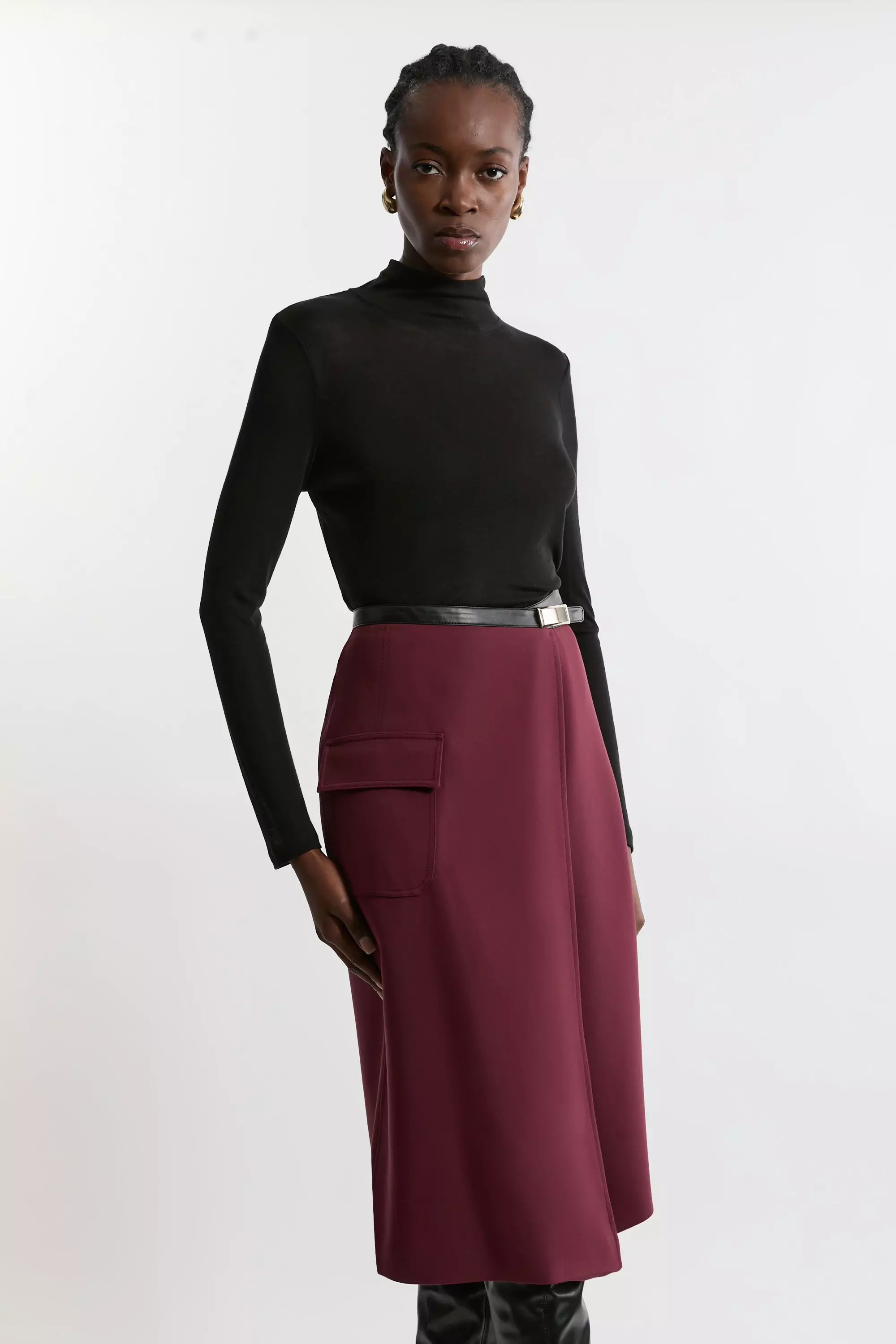 Compact Stretch Tailored Pu Tipped Wrap Midi Skirt Karen Millen