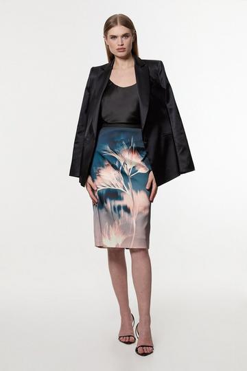 Abstract Ombre Floral Italian Structured Satin Tailored Midi Skirt floral