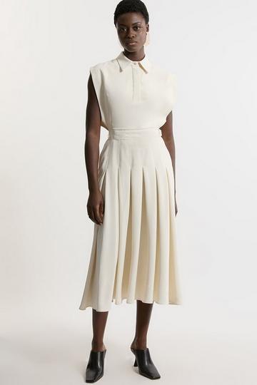 Ivory White Structured Crepe Pleated Sleeveless Shirt Tailored Midi Dress