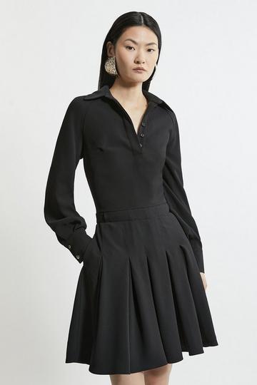 Black Petite Tailored Crepe Pleated Mini Dress