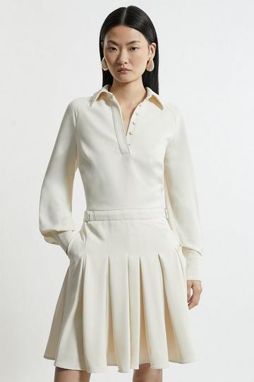 Tailored Crepe Pleated Mini Dress ivory