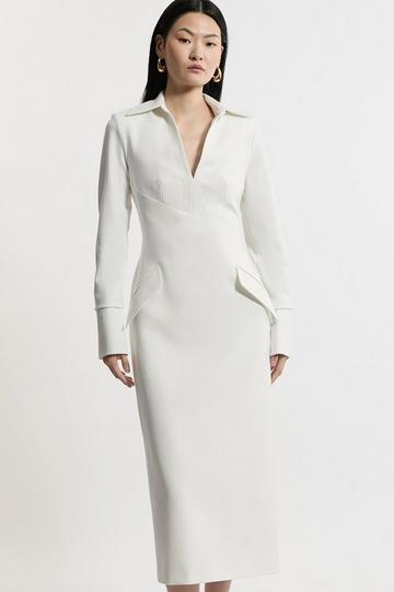 Structured Crepe Tailored Collared Pencil Maxi Dress ivory