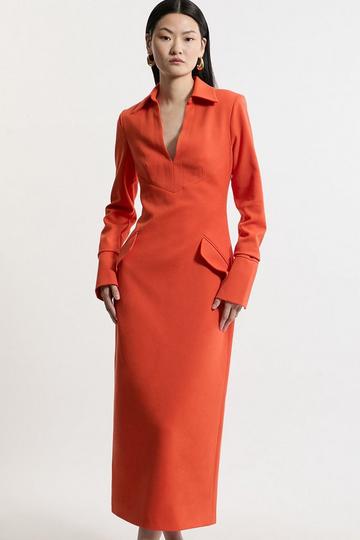 Red Structured Crepe Tailored Collared Pencil Maxi Dress