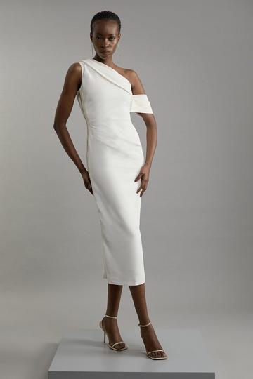 Compact Stretch Viscose Asymmetric Tailored Pencil Midi Dress ivory