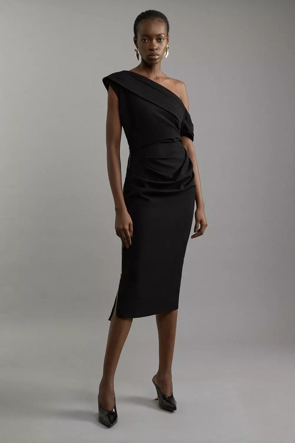 Structured Crepe Asymmetric Tailored Pencil Midi Dress