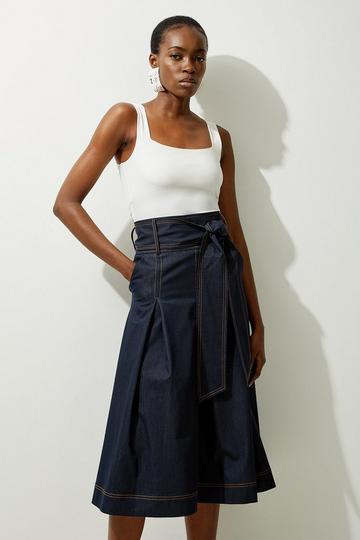 Tailored Denim Full Skirted Belted Midaxi Skirt indigo