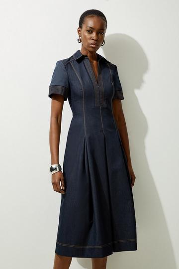 Tailored Denim Full Skirted Midaxi Shirt Dress indigo