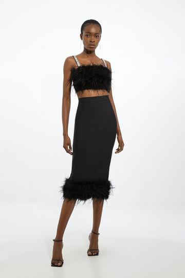 Figure Form Bandage Knit Feather Hem Midi Skirt black