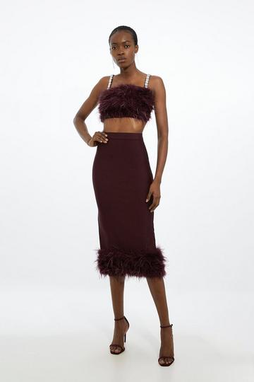 Figure Form Bandage Knit Feather Hem Midi Skirt dark brown