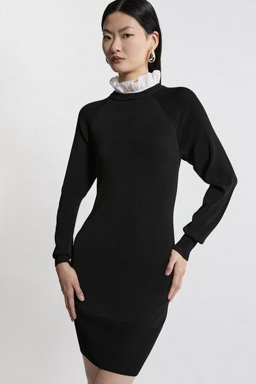 Premium Drape Knit Dress With Removable Woven Frill Collar black