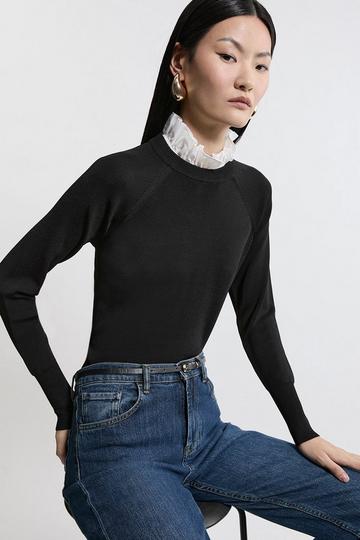 Premium Drape Knit Jumper With Removable Woven Frill Collar black