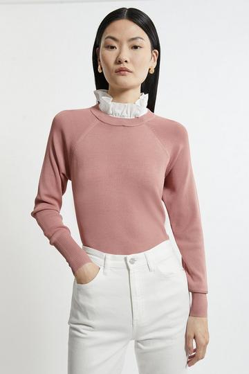 Premium Drape Knit Sweater With Removable Woven Frill Collar mink