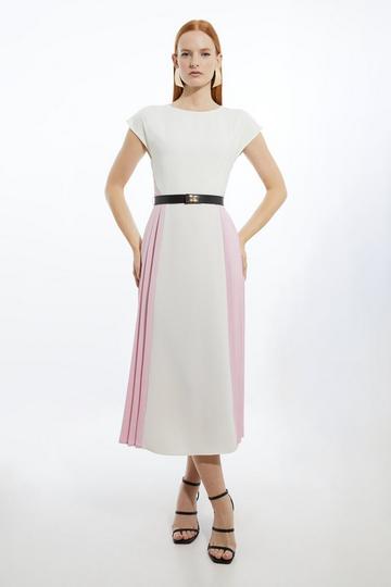 Fluid Tailored Contrast Pleated Panel Skirt Midi Dress multi