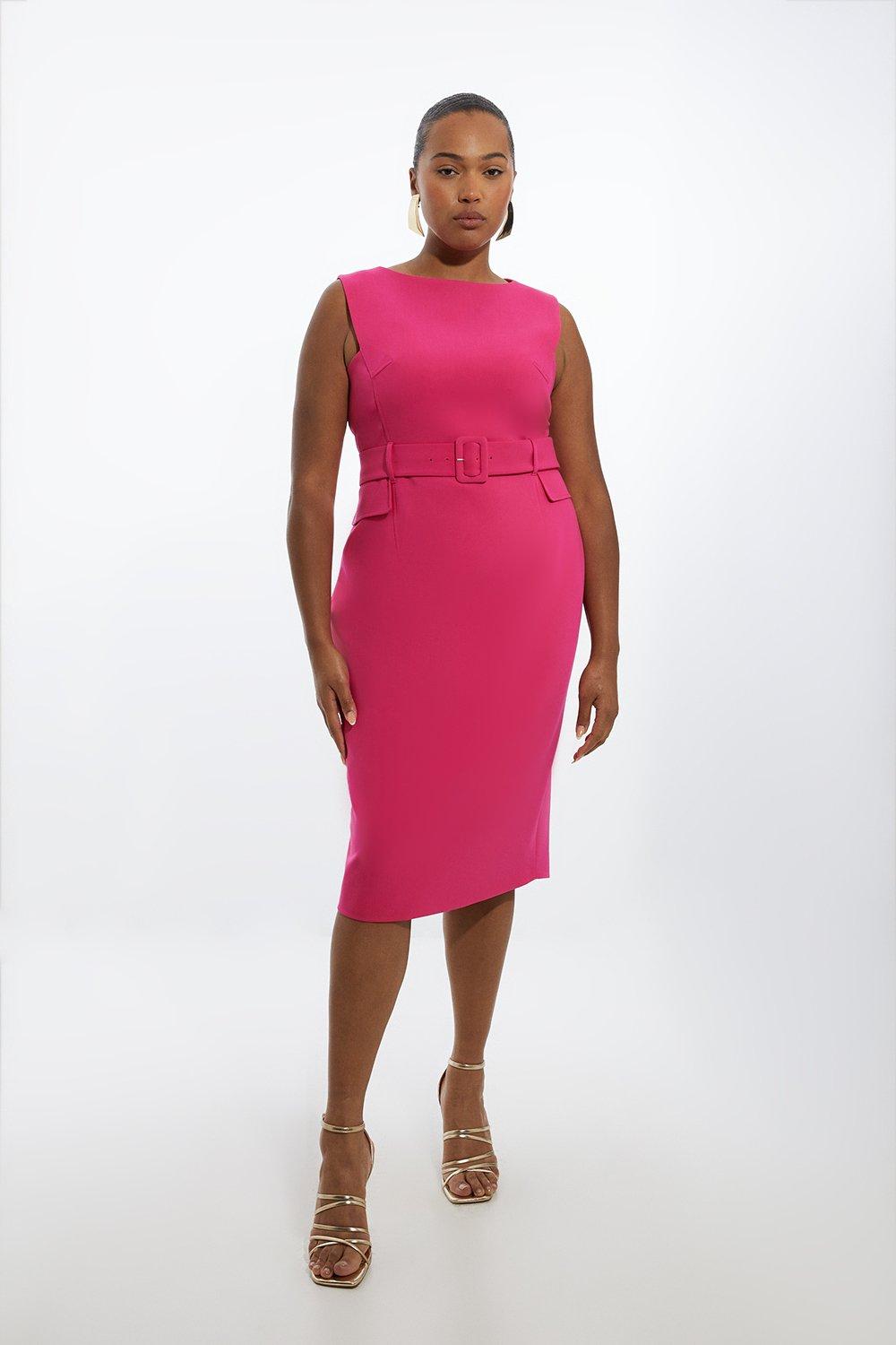 Plus Size Compact Stretch Belted Tailored Midi Pencil Dress | Karen Millen