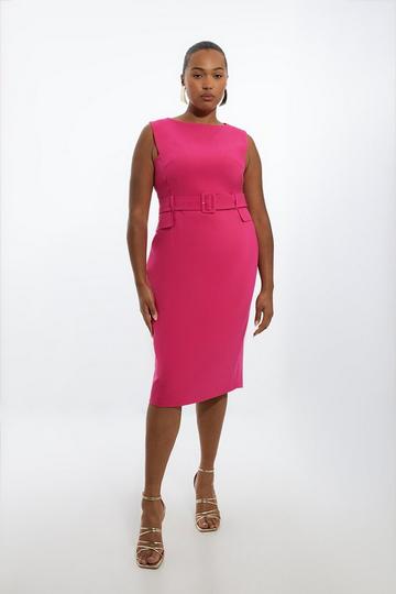 Plus Size Compact Stretch Belted Tailored Midi Pencil Dress pink