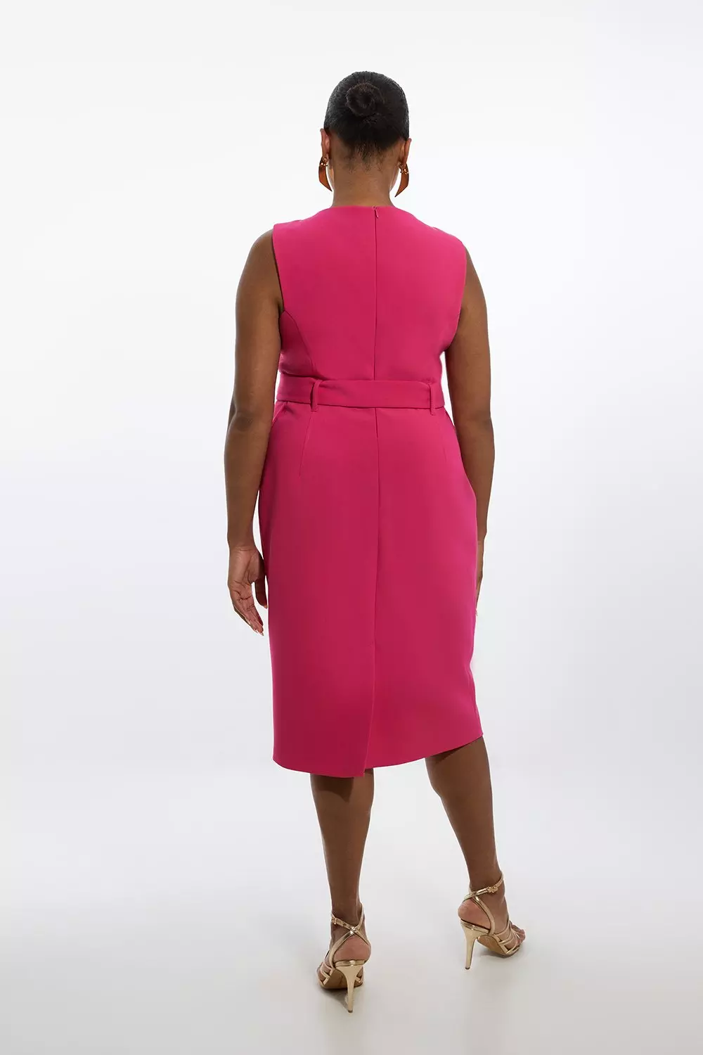 Plus Size Compact Stretch Belted Tailored Midi Pencil Dress