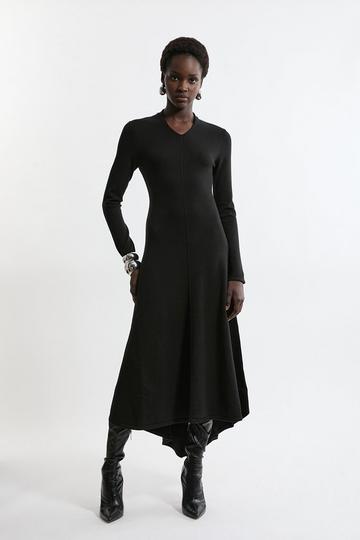 Black Wool Look High Low V Neck Midaxi Knit Dress