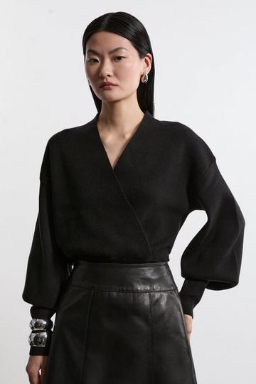 Black Wool Look Compact Stitch Wrap Knit Top