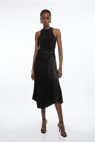 Black Petite Satin Back Crepe Asymmetric Waist Hardware Midaxi Skirt