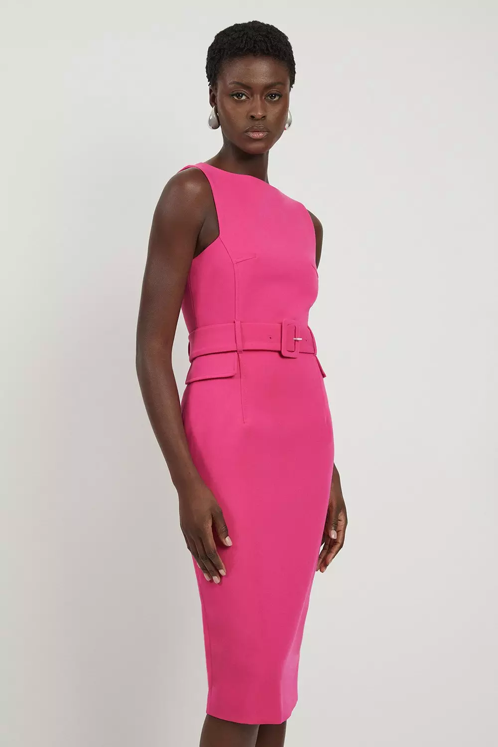 Pink Petite Compact Stretch Belted Tailored Midi Pencil Dress alternative image