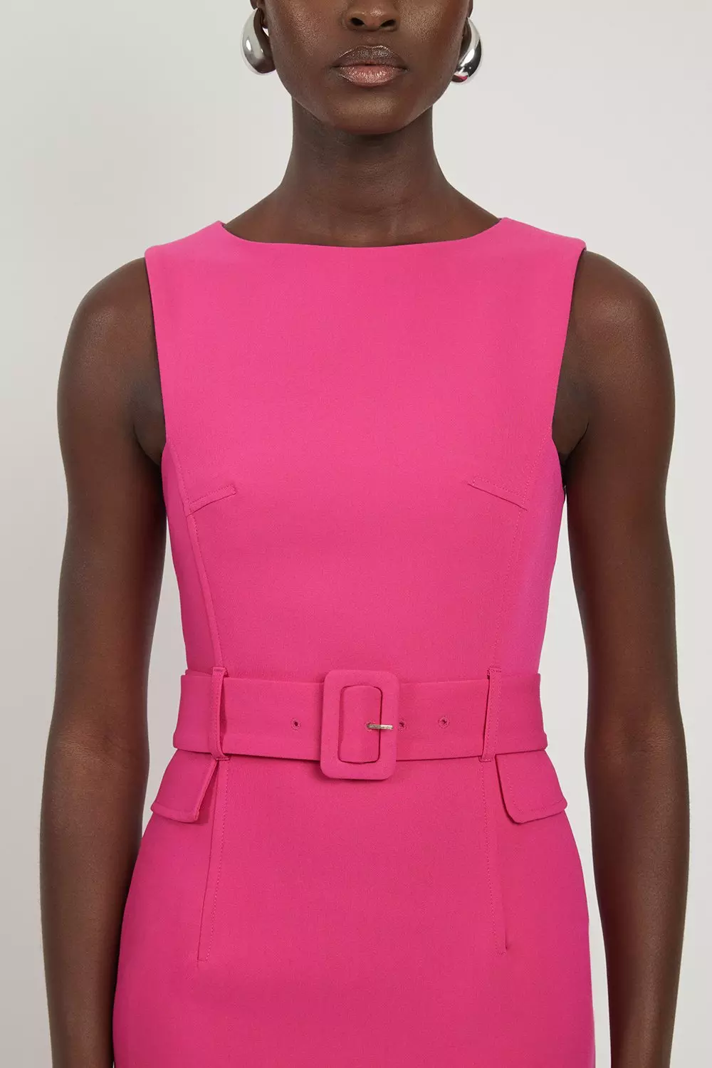 Pink Petite Compact Stretch Belted Tailored Midi Pencil Dress alternative image