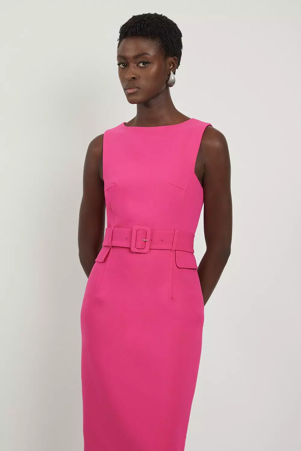 Pink Petite Compact Stretch Belted Tailored Midi Pencil Dress alternative image