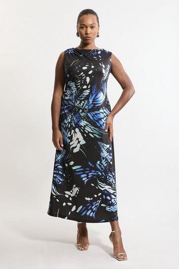 Plus Size Abstract Swirl Printed Jersey Crepe Maxi Dress navy