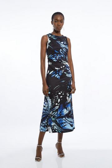 Abstract Swirl Printed Jersey Crepe Maxi Dress navy