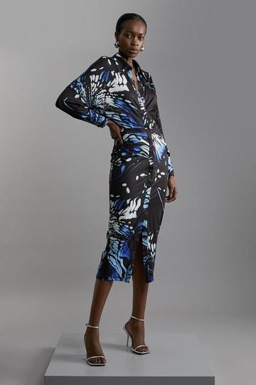 Abstract Swirl Printed Jersey Crepe Maxi Shirt Dress navy