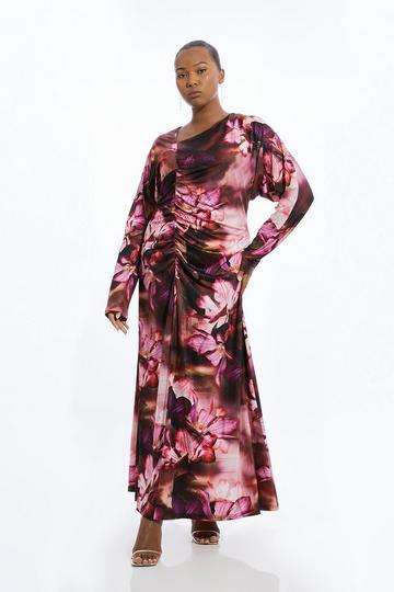 Plus Size Photographic Floral Printed Asymmetric Jersey Crepe Maxi Dress floral